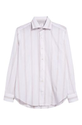 Eleventy Double Stripe Cotton & Linen Button-Up Shirt in White And Beige