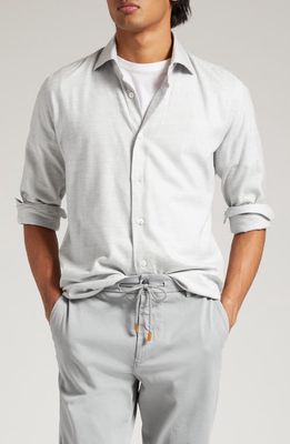 Eleventy Herringbone Cotton Blend Button-Up Shirt in Light Grey