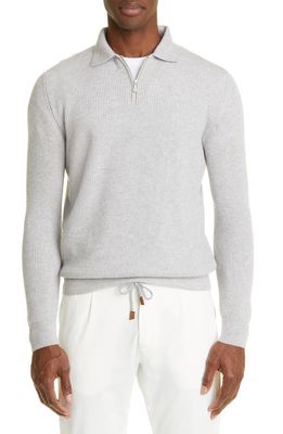 Eleventy Long Sleeve Fine Gauge Cashmere Zip Polo Sweater in Melange Light Gray