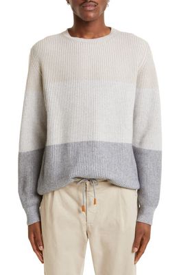 Eleventy Men's Colorblock Ribbed Crewneck Cashmere Sweater in Light Grey/Sand