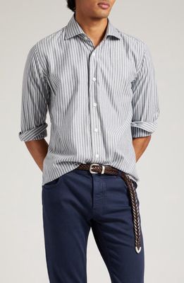 Eleventy Pinstripe Cotton Blend Button-Up Shirt in Navy