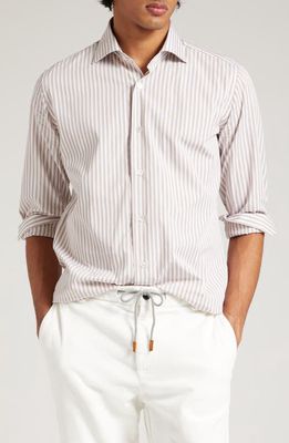 Eleventy Pinstripe Cotton Button-Up Shirt in Sand