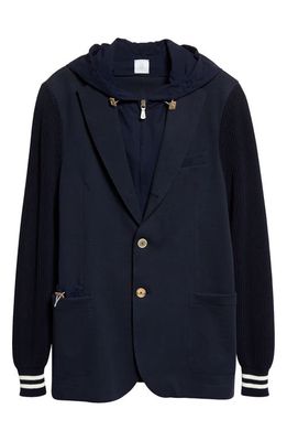 Eleventy Piqué Knit Sport Coat with Hooded Bib in Blue