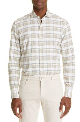 Eleventy Plaid Cotton & Linen Button-Up Shirt in Sand