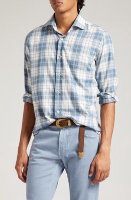 Eleventy Plaid Cotton Flannel Button-Up Shirt in Denim