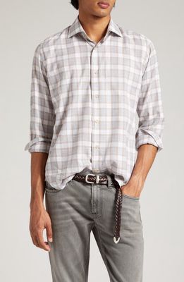 Eleventy Plaid Cotton Flannel Button-Up Shirt in Light Grey