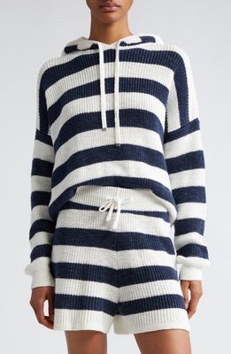 Eleventy Stripe Cotton & Linen Blend Sweater Hoodie in White And Navy