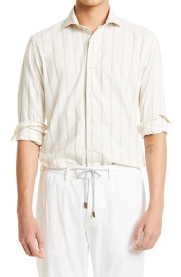 Eleventy Stripe Cotton Button-Up Shirt in Grey-Yellow