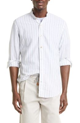 Eleventy Stripe Mandarin Collar Cotton & Linen Shirt in Blue