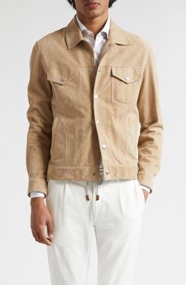 Eleventy Suede Trucker Jacket in Camel