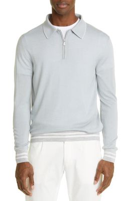 Eleventy Tipped Long Sleeve Merino Wool & Silk Zip Polo Sweater in Denim - Gray - White
