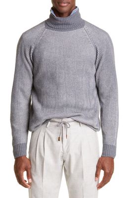 Eleventy Turtleneck Wool Rib Sweater in Grey-Sand