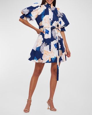 Eli Belted Puff-Sleeve Floral-Print Mini Dress