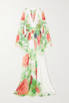 Elie Saab - Belted Wrap-effect Floral-print Silk-georgette Gown - White