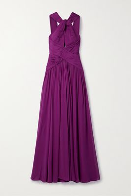 Elie Saab - Cape-effect Cutout Pleated Silk-chiffon Halterneck Gown - Purple