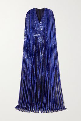 Elie Saab - Cape-effect Sequined Embroidered Tulle Gown - Blue