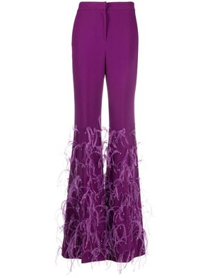 Elie Saab feather-trim crepe flared trousers - Purple