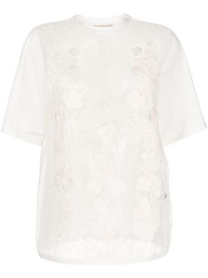 Elie Saab floral-appliqué sheer T-shirt - White