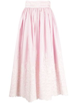Elie Saab floral-embroidered pinstriped organic cotton skirt - Pink