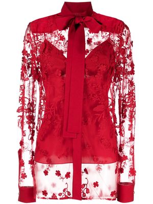 Elie Saab floral-embroidery tulle-overlay shirt - Red