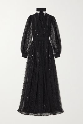 Elie Saab - Lace-trimmed Embroidered Sequined Tulle Gown - Black