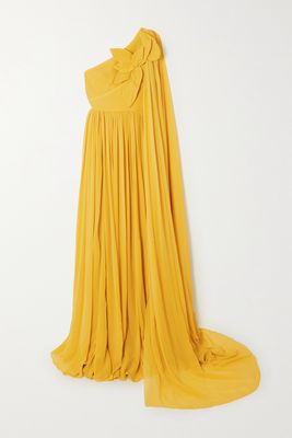 Elie Saab - One-shoulder Draped Appliquéd Silk Crepe De Chine Gown - Yellow