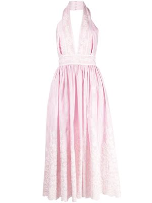 Elie Saab pinstripe floral-embroidered halterneck dress - Pink