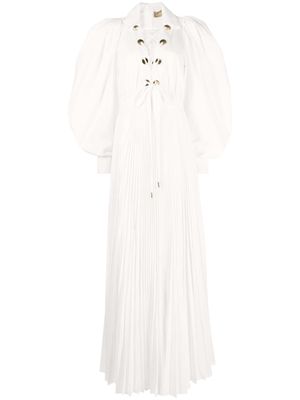 Elie Saab puff-sleeved pleated long dress - White