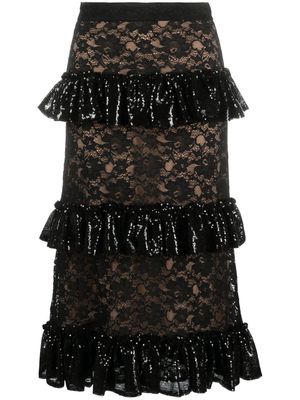 Elie Saab sequin-embellished lace tiered skirt - Black