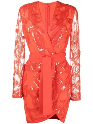 Elie Saab sheer sleeves sequinned mini dress - Orange