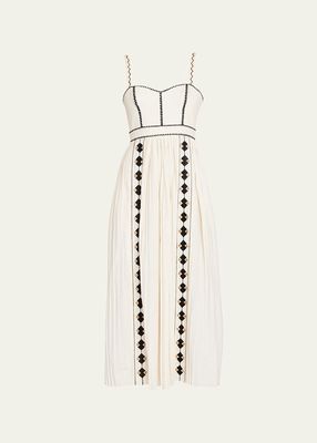 Elin Embroidered Poplin Pleated Bustier Midi Dress