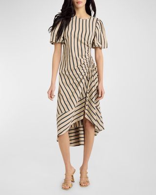 ElinPoplin Stripe Puff-Sleeve Ruched Midi Dress