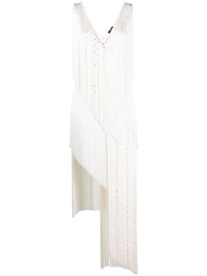 Elisabetta Franchi asymmetric fringed midi dress - White