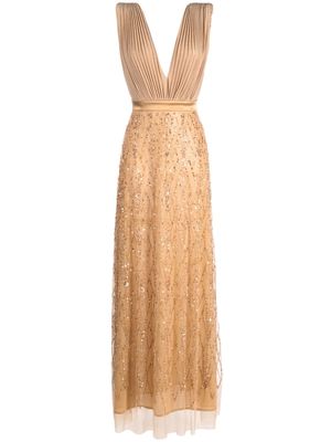 Elisabetta Franchi bead-embellished plissé gown - Gold