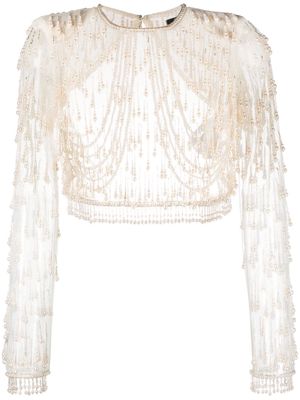 Elisabetta Franchi bead-embellished tulle crop top - White