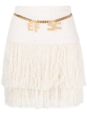 Elisabetta Franchi chain-embellished fringed tweed miniskirt - Neutrals
