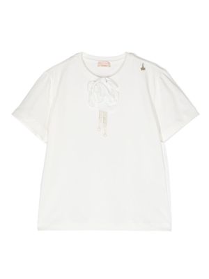 Elisabetta Franchi La Mia Bambina floral-appliqué crystal-embellished T-shirt - White