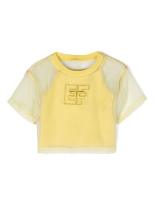 Elisabetta Franchi La Mia Bambina logo-embroidered semi-sheer T-shirt - Yellow