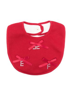 Elisabetta Franchi La Mia Bambina rhinestone-logo bow-embellished cotton bib - Red