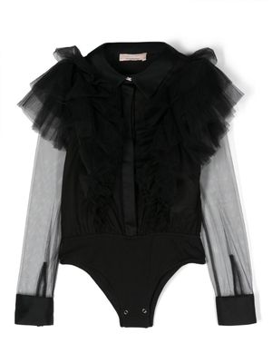 Elisabetta Franchi La Mia Bambina ruffle-detail sheer-sleeve bodysuit - Black