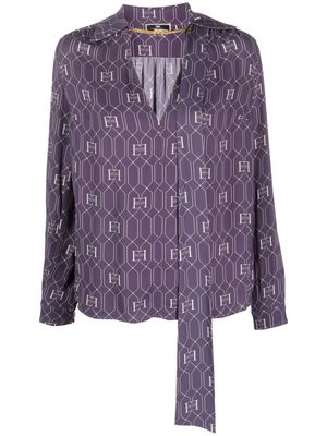 Elisabetta Franchi logo-print gathered tie-neck blouse - Purple