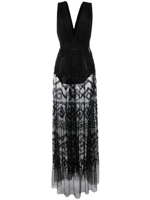 Elisabetta Franchi Rhombus-embroidered plunge-neck long dress - Black