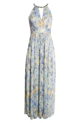 Eliza J Beaded Cutout Halter Neck Gown in Ivory Blue