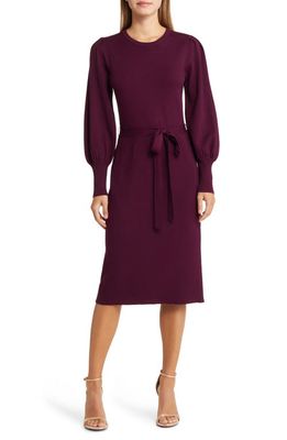 Eliza J Belted Long Sleeve Body-Con Sweater Dress in Wine