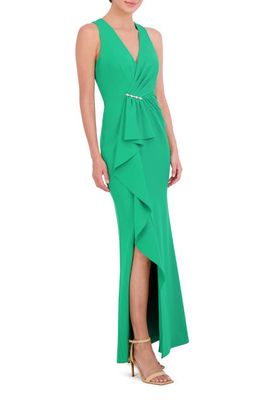 Eliza J Cascade Ruffle Sleeveless Gown in Green