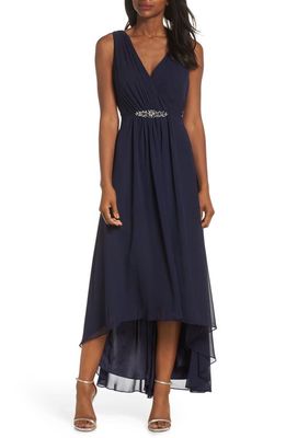 Eliza J Crystal Detail High-Low Gown in Navy