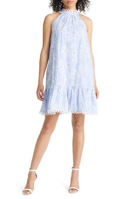 Eliza J Day Embroidered Eyelet Cotton Dress in Blue