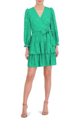 Eliza J Floral Appliqué Long Sleeve Tiered Dress in Green