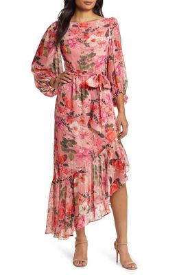 Eliza J Floral Balloon Sleeve Asymmetric Maxi Dress in Rose