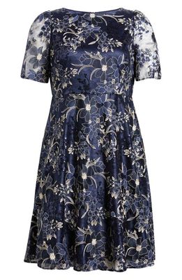 Eliza J Floral Embroidered Sequin Lace Dress in Navy